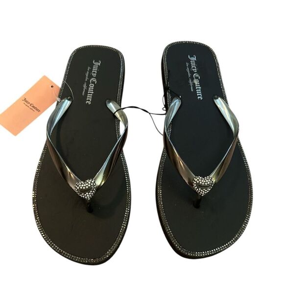 Juicy Couture Women's  Black Rhinestone Heart Flip Flops - Picture 1 of 5
